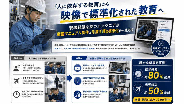 動画マニュアルで教育の仕組み化と保守業務の省力化を実現 — 機械・装置メーカー支援